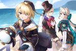  1girl 2boys androgynous animal_ears beach beret black_gloves black_headwear blonde_hair blue_eyes bow brother_and_sister cat_ears cat_girl cat_tail closed_mouth freckles freminet_(genshin_impact) genshin_impact gloves hair_over_one_eye hat highres long_hair long_sleeves lynette_(genshin_impact) lyney_(genshin_impact) multiple_boys ocean open_mouth pantyhose purple_eyes shin_(mac_no) shirt short_hair siblings star_(symbol) tail teardrop_facial_mark top_hat 