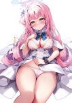  1girl angel_wings blue_archive blush bow bow_bra bow_panties bra breasts capelet cleavage dress feathered_wings hair_bun hair_ornament halo hand_on_own_chest highres long_hair looking_at_viewer mika_(blue_archive) panties pink_bra pink_hair pink_halo pink_panties pinki_o64 scrunchie single_side_bun solo underwear white_capelet white_dress white_wings wing_ornament wings wrist_scrunchie yellow_eyes 