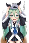  1boy 1girl absurdres black_ribbon black_serafuku blue_eyes blue_neckerchief blush breasts detached_sleeves green_eyes green_hair green_neckerchief hair_between_eyes hair_flaps hair_ornament hair_ribbon hairclip hand_on_another&#039;s_head headpat highres kantai_collection long_hair looking_at_another medium_breasts military military_uniform naval_uniform neckerchief open_mouth osmium-76 pleated_skirt ponytail ribbon school_uniform serafuku skirt thighhighs uniform yamakaze_(kancolle) 