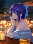  1girl a-chan_(hololive) absurdres alternate_costume bare_shoulders beach_umbrella blue_bow blue_eyes blue_hair blurry blurry_background blush bow breasts cohi27151463 commentary counter cup drinking_glass eyewear_removed from_side grey_shirt hair_bow hand_on_own_chin head_rest highres hololive looking_at_viewer night no_eyewear off_shoulder outdoors parted_lips shirt short_hair sitting skull_print small_breasts smile solo umbrella upper_body virtual_youtuber 