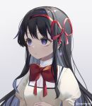  1girl akemi_homura black_hair bow bowtie earrings empty_eyes expressionless gomgurim grey_background hair_ribbon highres jewelry long_hair looking_ahead mahou_shoujo_madoka_magica mitakihara_school_uniform purple_eyes red_bow red_bowtie red_ribbon ribbon school_uniform solo thick_eyelashes twitter_username upper_body very_long_hair 