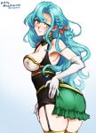  1girl aqua_hair armor ass ass_focus back bare_shoulders blush braid breasts chloe_(fire_emblem) elbow_gloves fire_emblem fire_emblem_engage garter_straps gloves green_eyes huge_ass large_breasts long_hair looking_at_viewer mina_cream presenting shoulder_armor side_braid smile solo thick_thighs thighs very_long_hair white_gloves 