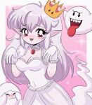  1990s_(style) 1girl absurdres artist_name blush boo_(mario) breasts chelly_(chellyko) choker cleavage closed_eyes collarbone covering_own_eyes crown dress earrings embarrassed ghost gloves grey_hair highres jewelry large_breasts long_hair looking_at_viewer luigi&#039;s_mansion mario_(series) new_super_mario_bros._u_deluxe open_mouth personification pink_background pointy_ears princess_king_boo puffy_sleeves red_eyes retro_artstyle sharp_teeth short_sleeves smile sparkle super_crown teeth tongue tongue_out watermark white_dress white_gloves 