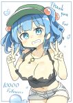  1girl black_tank_top blue_eyes blue_hair breasts cleavage double_v english_text flat_cap green_headwear grey_shorts hat jewelry kawashiro_nitori key large_breasts looking_at_viewer matsu_kitsune milestone_celebration navel pendant short_shorts shorts simple_background solo tank_top touhou two_side_up v white_background 