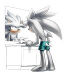  anthro barefoot boxers_(clothing) cabinet chest_tuft clothing eulipotyphlan feet fur green_clothing green_underwear grey_body grey_fur hedgehog hi_res inualet looking_at_reflection looking_at_viewer looking_back male mammal mirror sega silver_the_hedgehog sink solo sonic_the_hedgehog_(series) tuft underwear yellow_eyes 