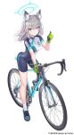  1girl absurdres animal_ear_fluff animal_ears bicycle black_footwear blue_archive blue_eyes blue_halo breasts closed_mouth cross_hair_ornament gloves green_gloves grey_hair hair_between_eyes hair_ornament halo highres medium_breasts medium_hair official_alternate_costume sapysha shiroko_(blue_archive) shiroko_(cycling)_(blue_archive) shoes short_sleeves simple_background smile socks solo white_background white_socks wolf_ears 