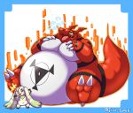  2022 anthro bandai_namco belly big_belly biped bodily_fluids digimon digimon_(species) digital_media_(artwork) duo guilmon hi_res hyper hyper_belly j1110_tanuki male navel nude overweight overweight_male simple_background sweat sweatdrop thick_thighs wide_hips 