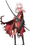  1girl arrow_(projectile) black_footwear boots bow_(weapon) chloe_von_einzbern cloak closed_mouth dark-skinned_female dark_skin fate/kaleid_liner_prisma_illya fate_(series) full_body hair_between_eyes holding holding_arrow holding_bow_(weapon) holding_weapon long_hair long_sleeves midriff official_art pink_hair red_cloak solo standing straight_hair thighs weapon white_background 