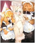  3girls :3 animal_ears animal_hands animal_nose apron aqua_eyes artist_name bangs black_dress blonde_hair blue_eyes blue_hair blush body_fur border brown_fur brown_hair brushing_another&#039;s_hair brushing_hair cat_ears cat_girl cat_tail closed_eyes closed_mouth clothed_female_nude_female commentary_request completely_nude curtains cutting_hair day dress flat_chest fluffy fox_ears fox_girl frilled_apron frills furry furry_female hair_intakes hand_on_another&#039;s_thigh hands_on_own_chest hands_up happy highres holding holding_scissors indoors legs_together long_hair looking_at_viewer maid maid_apron maid_headdress multiple_girls nose_blush nude open_mouth original pawpads puffy_short_sleeves puffy_sleeves scissors short_sleeves sidelocks signature smile snout standing tai_tai_kun tail two-tone_fur u_u white_apron white_border white_fur white_hair window wrist_cuffs yellow_fur 