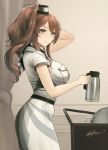  1girl belt breast_pocket breasts brown_hair coffee_pot cup dress grey_eyes hair_between_eyes hair_ornament highres kantai_collection large_breasts odachu pocket ponytail saratoga_(kancolle) saratoga_mk_ii_(kancolle) side_ponytail sidelocks smokestack smokestack_hair_ornament white_dress 