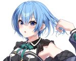  1girl adjusting_hair alternate_hair_length alternate_hairstyle blue_eyes blue_hair blue_jacket blush earrings green_ribbon hair_between_eyes hand_up hololive hoshimachi_suisei hoshimachi_suisei_(3rd_costume) jacket jewelry lace_sleeves looking_at_viewer muyamii neck_ribbon off_shoulder official_alternate_costume open_mouth ribbon short_hair short_sleeves sidelocks simple_background solo star_(symbol) star_in_eye symbol_in_eye upper_body virtual_youtuber white_background 