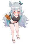  1girl :q absurdres alcohol and_uge android beer beer_mug black_shorts blue_eyes blue_shirt blunt_bangs blush breasts closed_mouth cup full_body grey_hair hairpods heibon_banana highres joints leaning_forward long_hair looking_at_viewer medium_bangs medium_breasts midriff mug nanashi_inc. off_shoulder one_side_up open_clothes open_shirt pink-tinted_eyewear pink_footwear robot_joints round_eyewear sandals shirt shorts simple_background smile solo sunglasses thick_eyebrows tinted_eyewear tongue tongue_out virtual_youtuber white_background winding_key yellow-framed_eyewear 