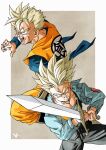  2boys black_pants blonde_hair blue_shirt blue_wristband border brown_background denim denim_jacket dragon_ball dragon_ball_z green_eyes highres holding holding_sword holding_weapon jacket jumpsuit kakeru_(dbskakeru) multiple_boys open_clothes open_jacket open_mouth orange_jumpsuit pants shirt short_hair son_gohan_(future) spiked_hair sword teeth toriyama_akira_(style) trunks_(dragon_ball) trunks_(future)_(dragon_ball) weapon white_border 