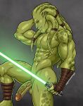  2022 abs absurd_res alien alien_humanoid balls biceps genitals glistening glistening_body green_body green_lightsaber green_skin hand_wraps hi_res humanoid kit_fisto leg_wrap lightsaber male melee_weapon muscular nautolan not_furry nude penis solo star_wars triceramonster vein veiny_penis weapon wraps 