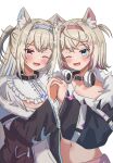  2girls absurdres animal_ear_fluff animal_ears belt_collar black_collar black_jacket blonde_hair blue_eyes blue_hair blush breasts collar cropped_jacket cropped_shirt dog_ears dog_girl fur-trimmed_jacket fur_trim fuwawa_abyssgard hair_ornament hairpin headphones headphones_around_neck highres holding_hands hololive hololive_english jacket large_breasts long_hair looking_at_viewer medium_hair midriff mococo_abyssgard multicolored_hair multiple_girls navel one_eye_closed open_mouth pink_eyes pink_hair sharkudon short_shorts shorts siblings sisters skirt skirt_set small_breasts smile spiked_collar spikes streaked_hair twins virtual_youtuber white_shorts white_skirt x_hair_ornament 