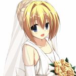  1girl 2020 :d alternate_costume alternate_hairstyle asagi_nanami bare_shoulders blonde_hair blue_eyes blush bouquet bridal_veil chitose_sana collarbone dated_commentary dress elbow_gloves eyebrows_hidden_by_hair eyelashes flower gloves hair_between_eyes hair_bun hair_intakes holding holding_bouquet long_hair looking_at_viewer open_mouth rose simple_background single_hair_bun smile solo tenshinranman upper_body veil wedding_dress white_background white_dress white_gloves yellow_flower yellow_rose 