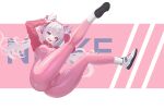  1girl @_._@_(kjjw2272) absurdres alice_(nikke) animal_ear_headphones animal_ears ass back blush bodysuit breasts cropped_jacket double_v fake_animal_ears from_below gloves goddess_of_victory:_nikke grey_hair headphones highres impossible_bodysuit impossible_clothes jacket latex latex_bodysuit long_hair looking_at_viewer medium_breasts multicolored_clothes multicolored_gloves open_mouth pink_bodysuit pink_eyes pink_gloves pink_headphones red_jacket shoes shrug_(clothing) sidelocks skin_tight sneakers solo twintails two-tone_gloves v white_footwear white_gloves 