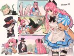  1girl 2boys alice_(alice_in_wonderland) alice_(alice_in_wonderland)_(cosplay) alice_in_wonderland animal_ears archived_source ascot bad_id bad_twitter_id black_eyes black_hair black_pants blunt_bangs chair cheshire_cat_(alice_in_wonderland) cheshire_cat_(alice_in_wonderland)_(cosplay) cosplay cup dracule_mihawk dress drill_hair earrings facial_hair green_hair hair_bun hair_ribbon hat holding holding_cup jewelry joman kumacy long_hair looking_at_viewer mad_hatter_(alice_in_wonderland) multiple_boys mustache one_piece pants perona pink_hair rabbit_ears ribbon roronoa_zoro scar scar_across_eye short_hair sidelocks striped striped_thighhighs stuffed_animal stuffed_toy table tail thighhighs top_hat tree vertical-striped_thighhighs vertical_stripes white_ascot 