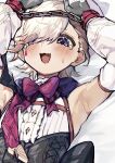  1boy ? armpits arms_up bed_sheet blush bound bound_wrists bow bowtie detached_sleeves garter_straps genshin_impact gloves grey_hair highres looking_at_viewer lying lyney_(genshin_impact) male_focus on_back open_mouth otoko_no_ko purple_eyes solo sweat teardrop_facial_mark tears upper_body yoruhachi 