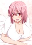  1girl :d absurdres blush breasts cleavage collarbone hair_between_eyes highres large_breasts looking_at_viewer lying no_headwear nori_tamago on_stomach open_mouth pink_background pink_hair red_eyes saigyouji_yuyuko shirt short_hair short_sleeves smile solo touhou white_shirt 