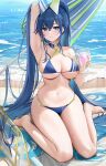 1girl arm_up azur_lane bag barefoot beach beach_umbrella bikini blue_bikini blue_hair breasts closed_mouth commentary_request crazy_straw cup drinking_straw full_body heart_straw highres large_breasts long_hair looking_at_viewer navel new_jersey_(azur_lane) new_jersey_(midsummer_leisure)_(azur_lane) official_alternate_costume outdoors qing_wu sitting smile stomach swimsuit thighs umbrella very_long_hair wariza water 