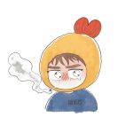  1boy blush brown_hair cigarette commentary eoduun_badaui_deungbul-i_doeeo food food-themed_clothes gof2ull jihyeok_seo looking_at_viewer male_focus no_mouth shrimp shrimp_tempura simple_background smoke smoking solo tempura upper_body white_background yellow_headwear 