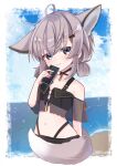  1girl absurdres ahoge animal_ears arknights beach bikini black_bikini black_choker blue_eyes blue_sky blush border cellphone choker cloud cloudy_sky day extra_ears flat_chest fox_ears fox_girl fox_tail highres holding holding_phone looking_at_viewer low_twintails navel ocean official_alternate_costume oripathy_lesion_(arknights) outdoors phone sand short_twintails sky smartphone smile solo stomach sussurro_(arknights) sussurro_(summer_flowers)_(arknights) swimsuit tail twintails water white_border yokuto 