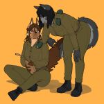  2022 anthro brown_body brown_fur canid canine canis clothed clothing duo female fully_clothed fur grey_body grey_fur hair hi_res kambo lenka_(janjin192) mammal military military_uniform raven_hunt tail uniform wolf 