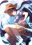  1girl absurdres bare_arms bare_shoulders black_hair blurry blush boots chiroru_(cheese-roll) chromatic_aberration cloud cowboy_hat day depth_of_field feathers foot_out_of_frame frills grin hat highres kurokoma_saki long_hair looking_at_viewer midair outdoors pegasus_wings red_eyes smile solo sun touhou very_long_hair 