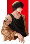  1boy absurdres arm_tattoo black_eyes black_hair black_tank_top brown_coat chest_tattoo coat hand_tattoo highres looking_away male_focus ndsoda open_clothes open_coat sakamoto_days short_hair shoulder_tattoo signature solo tank_top tattoo 