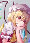  1girl absurdres ascot blonde_hair blush crystal ekidona flandre_scarlet grey_background hair_between_eyes hand_on_own_chin hat hat_ribbon highres long_hair looking_to_the_side mob_cap multicolored_wings open_mouth puffy_short_sleeves puffy_sleeves red_eyes red_ribbon red_vest ribbon shirt short_sleeves simple_background sleeve_ribbon solo touhou upper_body vest white_headwear white_shirt wings yellow_ascot 