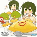  ! 1girl bird blush_stickers braid duck eating food fuu_(ozu_(oz_yarimasu)) green_eyes green_hair guu_(ozu_(oz_yarimasu)) hair_ornament highres ketchup ketchup_bottle omelet omurice original ozu_(oz_yarimasu) spoken_exclamation_mark star_(symbol) star_in_eye symbol_in_eye twin_braids white_background 