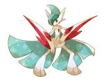  animal_focus cape colored_skin commentary_request gallade green_hair mega_evolution mega_gallade mega_pokemon no_humans pokemon pokemon_(creature) red_eyes simple_background solo towa_(clonea) white_background white_cape white_skin 