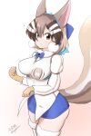  1girl animal_ears breasts brown_eyes brown_hair chipmunk_ears chipmunk_girl chipmunk_tail extra_ears gloves kemono_friends kemono_friends_v_project kneehighs large_breasts looking_at_viewer microphone ribbon shirt short_hair shorts siberian_chipmunk_(kemono_friends) simple_background socks solo tail taurine_8000mg vest virtual_youtuber 