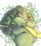  age_difference anthro big_breasts breasts bulbasaur chubby_female eyes_closed female generation_1_pokemon generation_4_pokemon genitals green_body green_nipples hi_res huge_breasts hybrid inverted_nipples leaf lightmizano lopunny mature_female melee_weapon nintendo nipples older_female pokemon pokemon_(species) pussy slightly_chubby solo sword weapon 