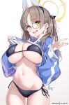  1girl bikini black_bikini blue_archive blue_hoodie breasts brown_hair clothes_lift cowboy_shot glasses halo hong_(white_spider) hood hoodie hoodie_lift large_breasts lifted_by_self long_hair looking_at_viewer moe_(blue_archive) moe_(swimsuit)_(blue_archive) navel official_alternate_costume open_mouth simple_background smile solo stomach swimsuit twintails yellow_eyes 
