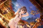  1girl arm_up armpits autumn_leaves blurry blurry_foreground breasts brown_eyes brown_hair cloud cloudy_sky collarbone depth_of_field dutch_angle feet_out_of_frame game_cg hair_over_shoulder hand_up idolmaster idolmaster_cinderella_girls idolmaster_cinderella_girls_starlight_stage kobayakawa_sae lens_flare looking_to_the_side naked_towel night night_sky official_art onsen sitting sky small_breasts soaking_feet solo sparkle steam thighs towel water white_towel 