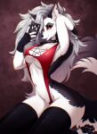  2023 anthro artist_name biped black_clothing black_collar black_legwear black_pawpads black_thigh_highs blush breasts canid canid_demon cellphone claws clothed clothing collar demon digital_media_(artwork) ear_piercing facial_blush female fur grey_body grey_eyes grey_fur grey_hair hair hellhound helluva_boss hi_res hindpaw holding_cellphone holding_object holding_phone holding_smartphone legwear long_hair loona_(helluva_boss) mammal notched_ear onomari pawpads paws pentagram phone piercing red_clothing red_sclera red_swimwear shaded smartphone solo spiked_collar spikes swimwear tail thigh_highs toe_claws white_body white_fur 