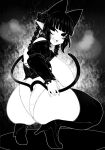  1girl animal_ears ass blunt_bangs bow braid breasts cat_ears cat_girl cat_tail commentary_request curvy extra_ears from_behind full_body greyscale hair_bow haseru_(ginku_mh) high_heels huge_breasts kaenbyou_rin looking_at_viewer looking_back monochrome multiple_tails nekomata open_mouth pointy_ears side_braids sidelocks smile solo squatting tail thighhighs touhou twin_braids two_tails 