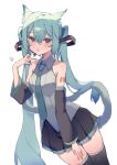  1girl :o animal_ear_fluff animal_ears ao_kotoha aqua_eyes aqua_hair bare_shoulders black_skirt black_sleeves breasts cat_ears cat_girl cat_tail collarbone deep_skin detached_sleeves eyelashes fang grey_shirt hair_between_eyes hair_ornament hair_twirling hand_up hatsune_miku highres long_hair looking_at_viewer necktie open_mouth pleated_skirt shirt sidelocks simple_background skin_fang skirt sleeveless sleeveless_shirt solo tail tail_raised thighhighs twintails very_long_hair vocaloid white_background zettai_ryouiki 