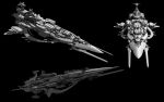  3d battleship_(eve_online) beam_cannon black_background cannon commentary concept_art energy_cannon eve_online greyscale highres kungkungk laser_cannon military_vehicle missile_pod monochrome multiple_views no_humans original radio_antenna science_fiction simple_background spacecraft thrusters turret vehicle_focus 