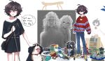  3girls :d absurdres animal belt black_belt black_shirt blind_girl&#039;s_dog_(popopoka) blind_girl_(popopoka) blue_sweater blush can cane cat_baguette_(popopoka) chris-chan collarbone denim deodorant dog english_text freckles full_body glasses highres holding holding_cane jeans jewelry long_hair multiple_girls necklace open_mouth original pants popopoka red_sweater shelf shirt smile sonichu speech_bubble standing sunglasses sweater sweater_tucked_in tongue tongue_out two-tone_sweater 