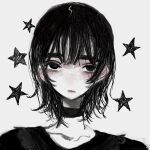  1girl :/ bags_under_eyes capelet choker choppy_bangs closed_mouth collarbone freckles frilled_capelet frills greyscale half-closed_eyes highres light_blush looking_at_viewer medium_hair messy_hair monochrome narue original portrait sanpaku solo spot_color star_(symbol) starry_background straight-on thick_eyebrows 