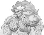  1boy bara biceps broad_shoulders ch1du chest_tattoo dark-skinned_male dark_skin earrings flexing full_beard greyscale huge_pectorals jewelry looking_at_viewer male_focus mature_male mauga_(overwatch) monochrome muscular muscular_male nipples nude overwatch overwatch_2 sketch solo strongman_waist tattoo thick_eyebrows upper_body 