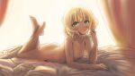  1girl absurdres ass bed bed_sheet blonde_hair breasts crossed_legs curtains feet feet_up flatculture glowing glowing_eyes gochuumon_wa_usagi_desu_ka? green_eyes highres kirima_syaro looking_at_viewer lying messy_hair nude on_bed on_stomach playing_with_own_hair self-upload short_hair small_breasts solo sun sunlight 