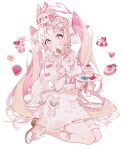  1girl blonde_hair blush bow cake cookie doughnut dress earrings food fruit hair_bow hair_ornament heart heart_earrings highres holding holding_spoon jewelry long_hair low_wings open_mouth original pink_eyes pink_nails puffy_short_sleeves puffy_sleeves short_sleeves simple_background solo spoon strawberry strawberry_shortcake thigh_strap twintails uekura_eku very_long_hair white_background white_dress white_footwear white_wings wings x_hair_ornament 