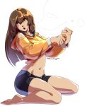  1girl bike_shorts black_shorts blizzardingpike brown_hair clothes_lift dolphin guilty_gear guilty_gear_strive hood hoodie lifted_by_self long_hair long_sleeves looking_to_the_side may_(guilty_gear) mr._dolphin_(guilty_gear) navel open_mouth orange_eyes orange_hoodie shirt_lift shorts sitting wariza 