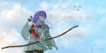  1girl aircraft arrow_(projectile) black_pantyhose bow_(weapon) breasts closed_mouth cloud contrail curvadosdunas dated day hairband holding holding_bow_(weapon) holding_weapon japanese_clothes kantai_collection long_hair muneate neckerchief outdoors pantyhose purple_hair red_eyes red_neckerchief ryuuhou_(kancolle) signature sketch skirt sky solo taigei_(kancolle) weapon wide_sleeves 