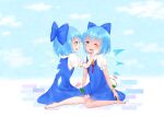  2girls absurdres alternate_skin_color barefoot blue_background blue_dress blue_eyes blue_hair cirno detached_wings dress frilled_sleeves frills full_body hand_on_another&#039;s_cheek hand_on_another&#039;s_face highres ice ice_wings kashokasho looking_at_another multiple_girls official_alternate_costume one_eye_closed open_mouth pinafore_dress puffy_short_sleeves puffy_sleeves short_sleeves simple_background sleeveless sleeveless_dress tanned_cirno teeth touhou upper_teeth_only wings 