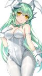  1girl alternate_costume animal_ears arm_strap bare_shoulders blush bow bowtie breasts cleavage detached_collar fake_animal_ears fate/grand_order fate_(series) gloves green_bow green_bowtie grey_hair hand_on_own_chest highres kiyohime_(fate) large_breasts leotard long_hair looking_at_viewer morizono_shiki pantyhose playboy_bunny rabbit_ears solo thighs white_gloves white_leotard white_pantyhose yellow_eyes 